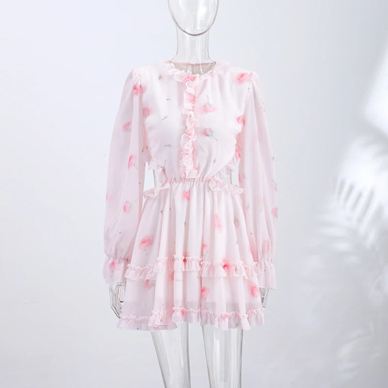 Elegant Floral Print Chiffon Dress Women's Backless Long Sleeve Ruffle Waist Cutout Tiered Dresses 2026 New Lady Party Wear