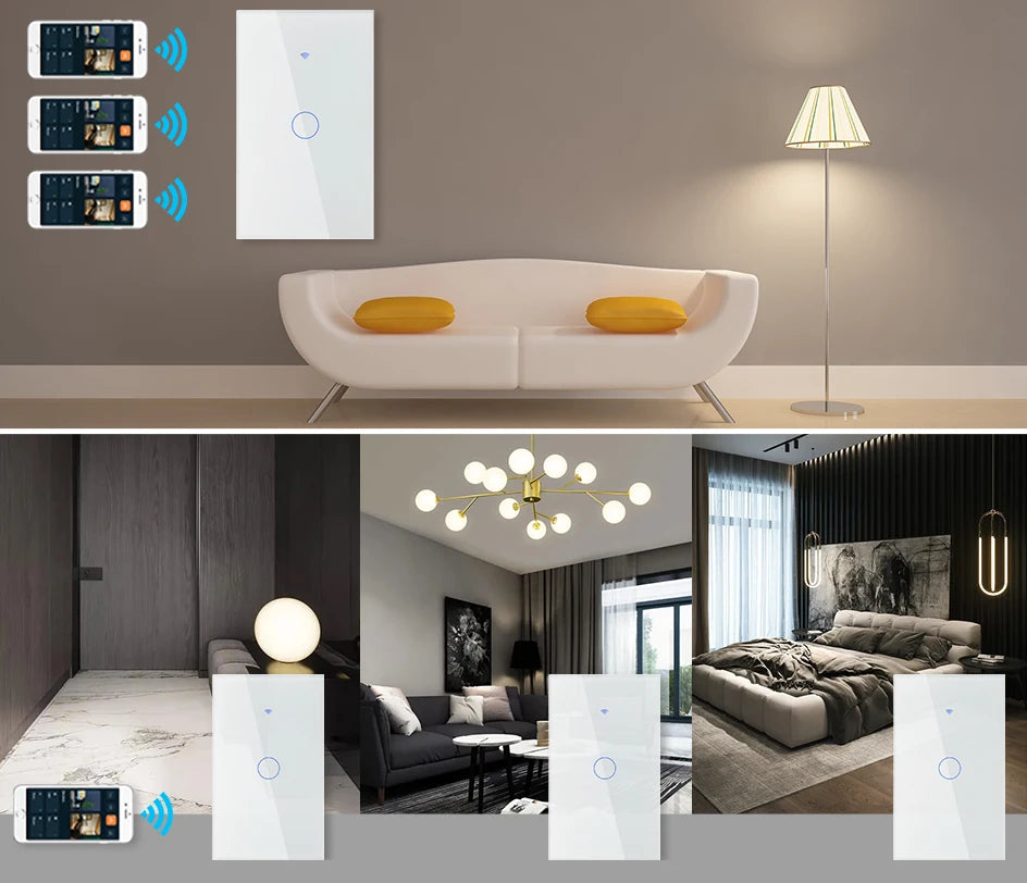2 Way Smart RF433 Remote Control Wall Light Touch Switch Light Glass WiFi Tuya Smart Life US USA White Black Gold Alexa ON OFF