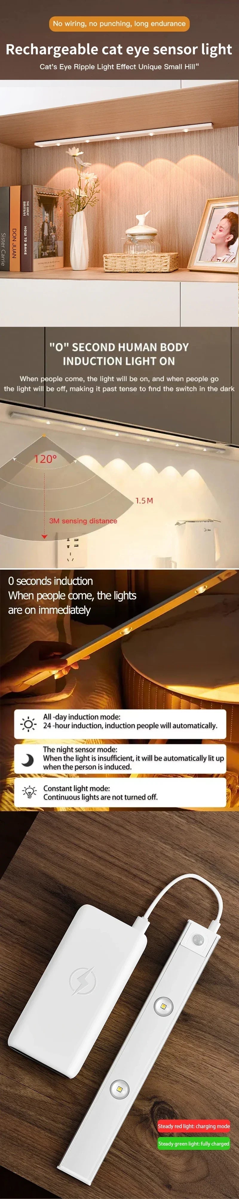 20-50CM LED Under Cabinet Light  Wardrobe Indoor Lighting Motion Sensor LED Lamp Ultra Thin USB Rechargeable Night Light