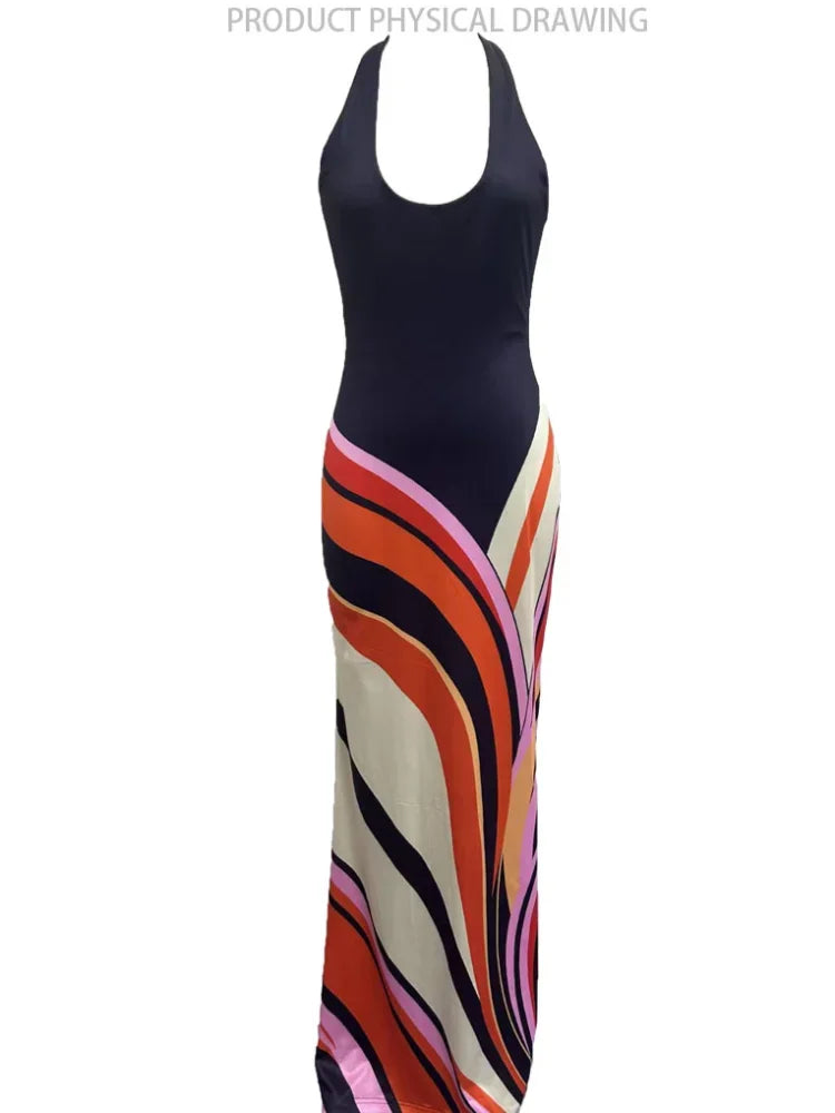 Fashion Solid Striped Patchwork Halter Maxi Dress Women's Sexy U-neck Waist-cinching Dresses 2026 Summer Party Holiday Vestidos