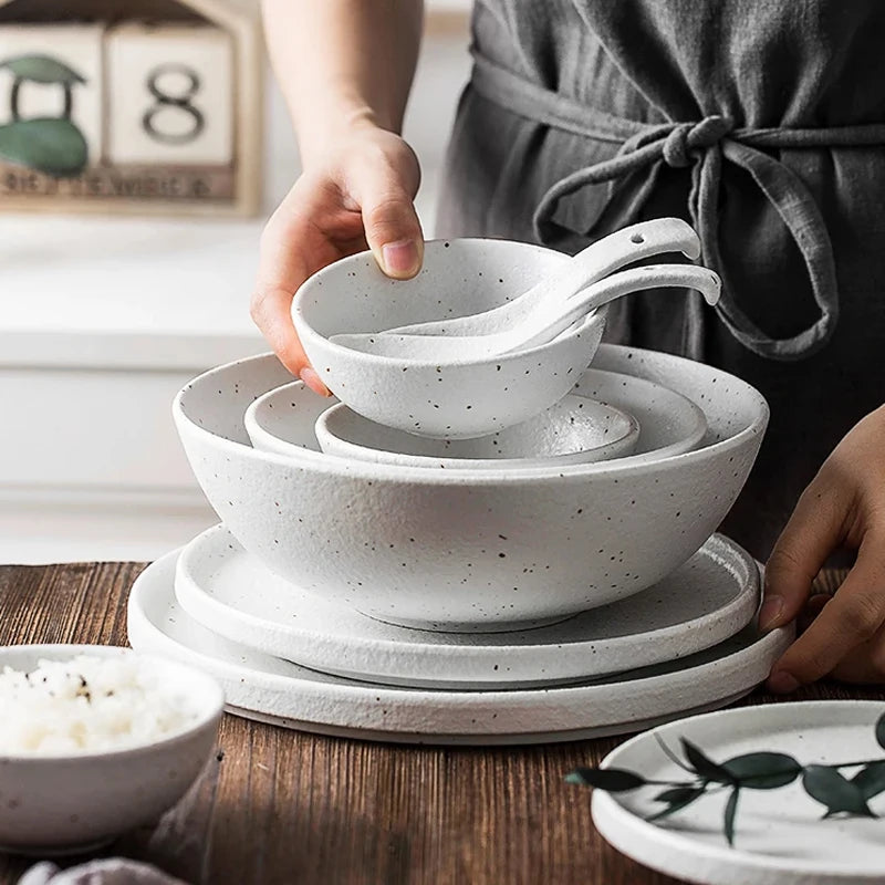 Japanese-style Tableware Set Bowls and Plates Round White Ink Point Dinner Plates Home Creative Western Dishes Dinner Plates