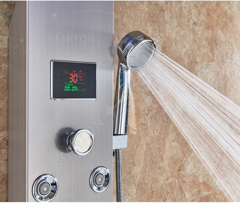 LED Light Bathroom Shower Panel Intelligent LCD Shower Column System with 6 Modes Rain Waterfall Massage Jet Bath Mixer Tap