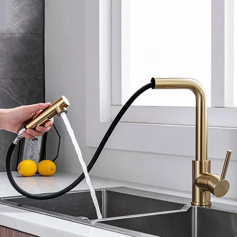 Stainless Steel Kitchen Sink Faucet Pull Out Sprayer Hot Cold Water Mixer Tap Deck Mounted Single Hole Modern Kitchen Tap