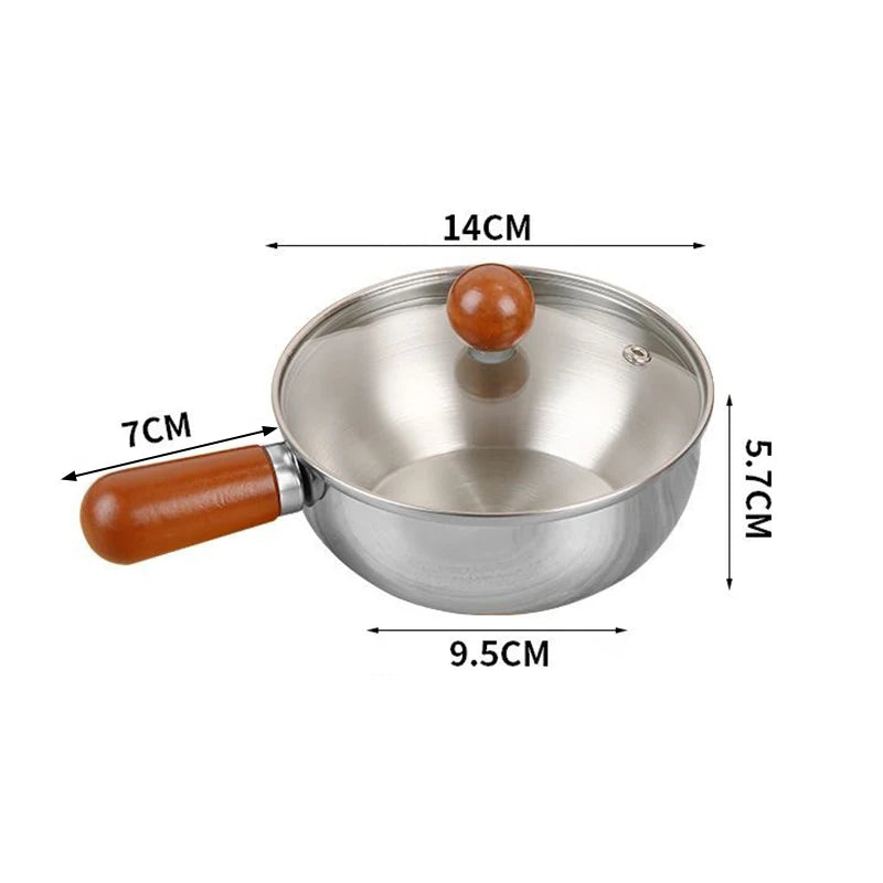1Pc Stainless Steel Cooking Pot With Wooden Handle Compact Small Noodle Pot For Baby Food Milk Snacks Kitchen Gadgets
