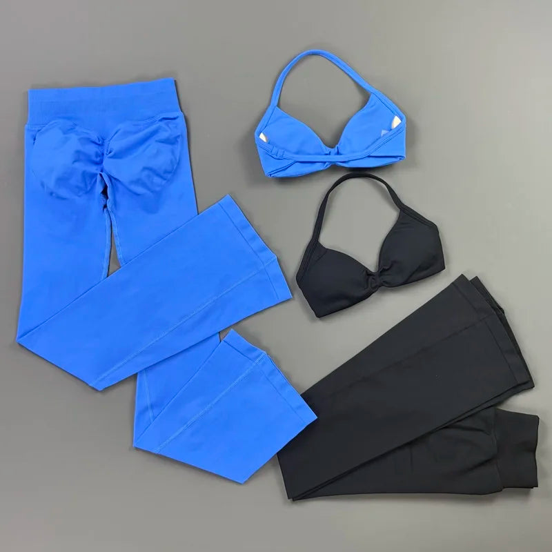 Sexy Women Flare Leggings Set Seamless Hip Lifting Fitness Flared Pants Suit Open Back Gym Strappy Bra Yoga Flares Legging Sets