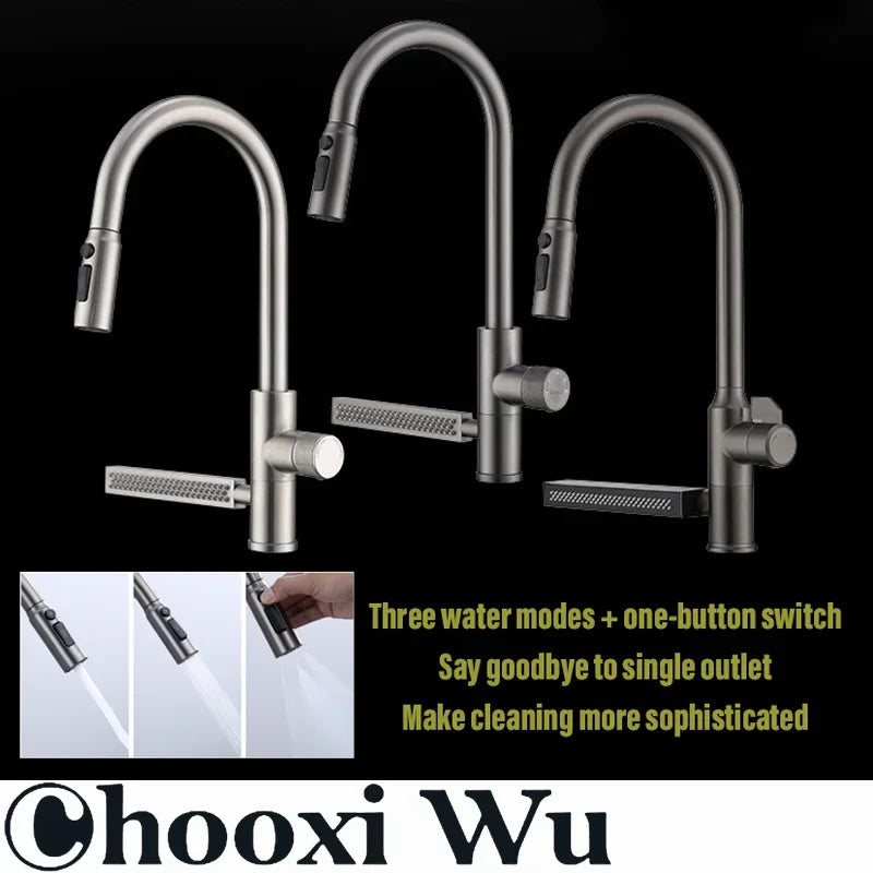 304 Stainless Steel Kitchen Faucet with Waterfall Sink Countertop Installation Hot Cold Mixer 360° Rotation for Kitchen