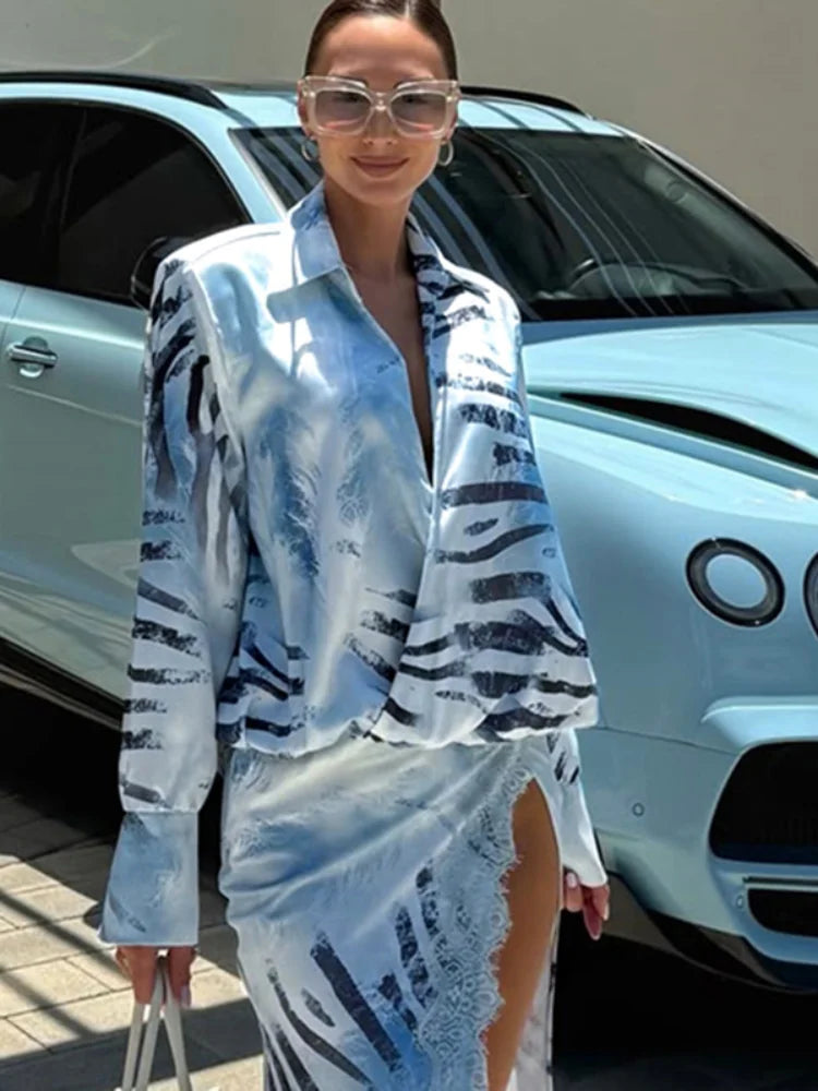 Fashion Printed Long Shirt Style Dress Women Full Sleeve Lapel Lace Patchwork High Split Dresses Female 2026 Autumn Lady Robe