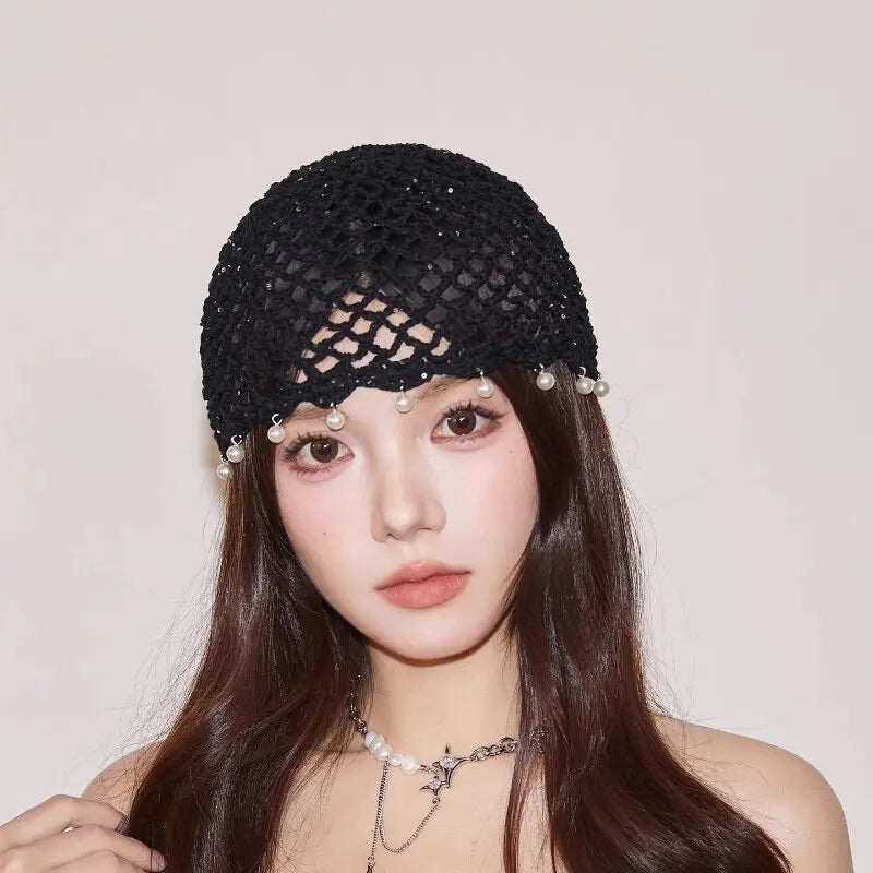 Fashion Hollowed Out Woven Pullover Hats Crochet Breathable Beret Cap Pearl Fringed Retro Beanies Cap for Women Summer Korean