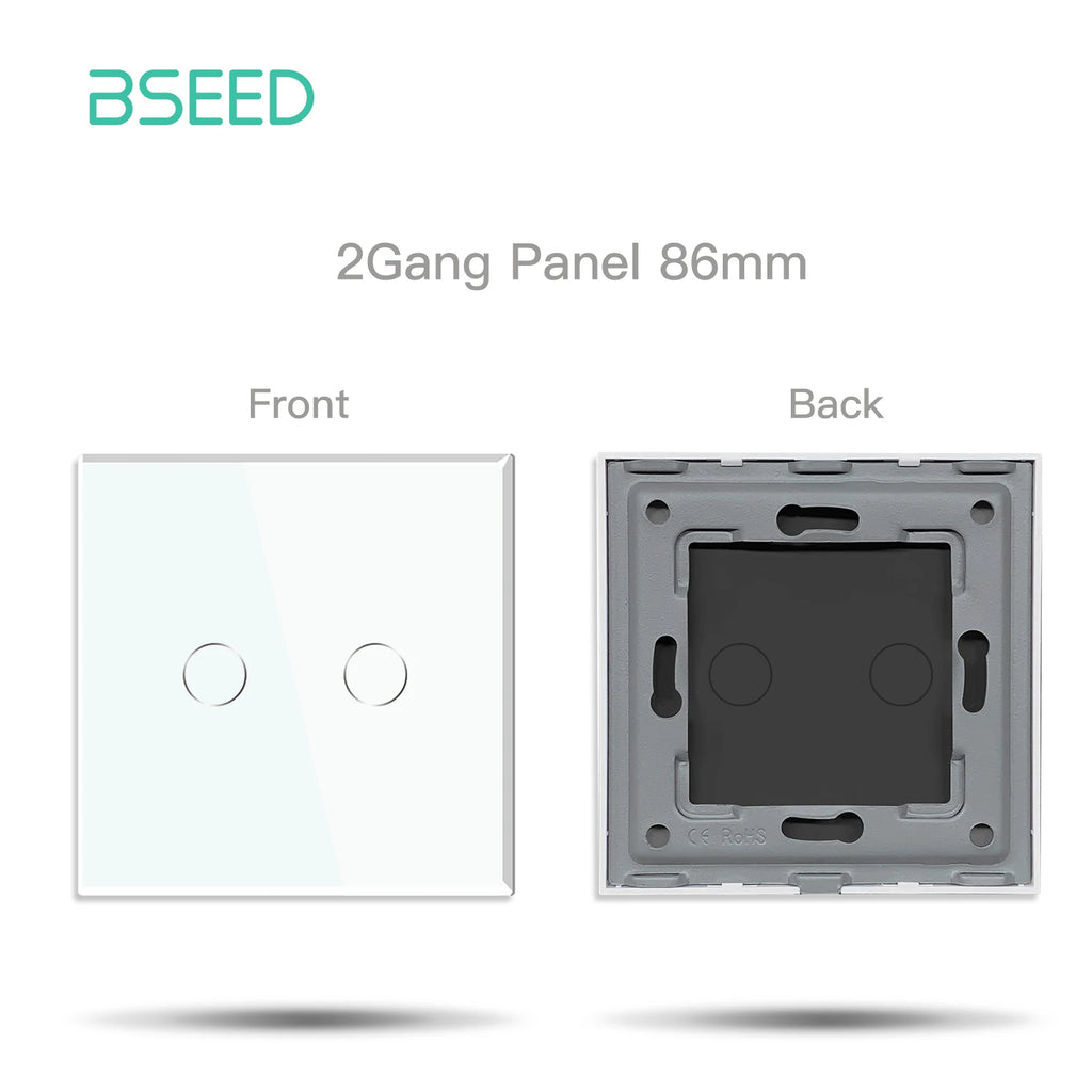 BSEED EU Standard Crystal Glass Panel 86mm For Touch Switches 1/2/3Gang With Metal Frame Wall Light Switch Function Part Only