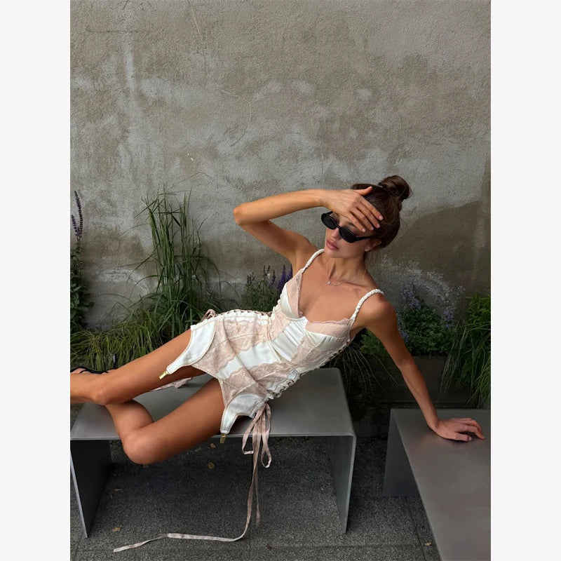 Women Satin Dress Sexy Lace Fishbone Waist Slim Fit Hollowed Out Irregular Short Suspender 2026 Summer Party Street Daily Outfit