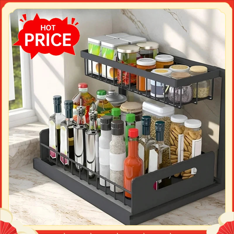 Under Sink Organizer Rack 2 Tier Under Sliding Cabinet Basket Organizer Drawer , Multi-Purpose Under Sink Storage For Kitchen
