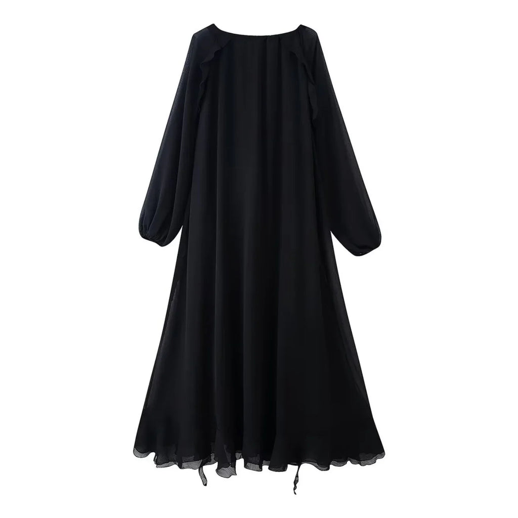 2026 Casual Solid Ruffles Patchwork Robe Women Minimalist Full Sleeve Mesh Loose Fit Lace Up Maxi Dress Vacation Daily Date Wear