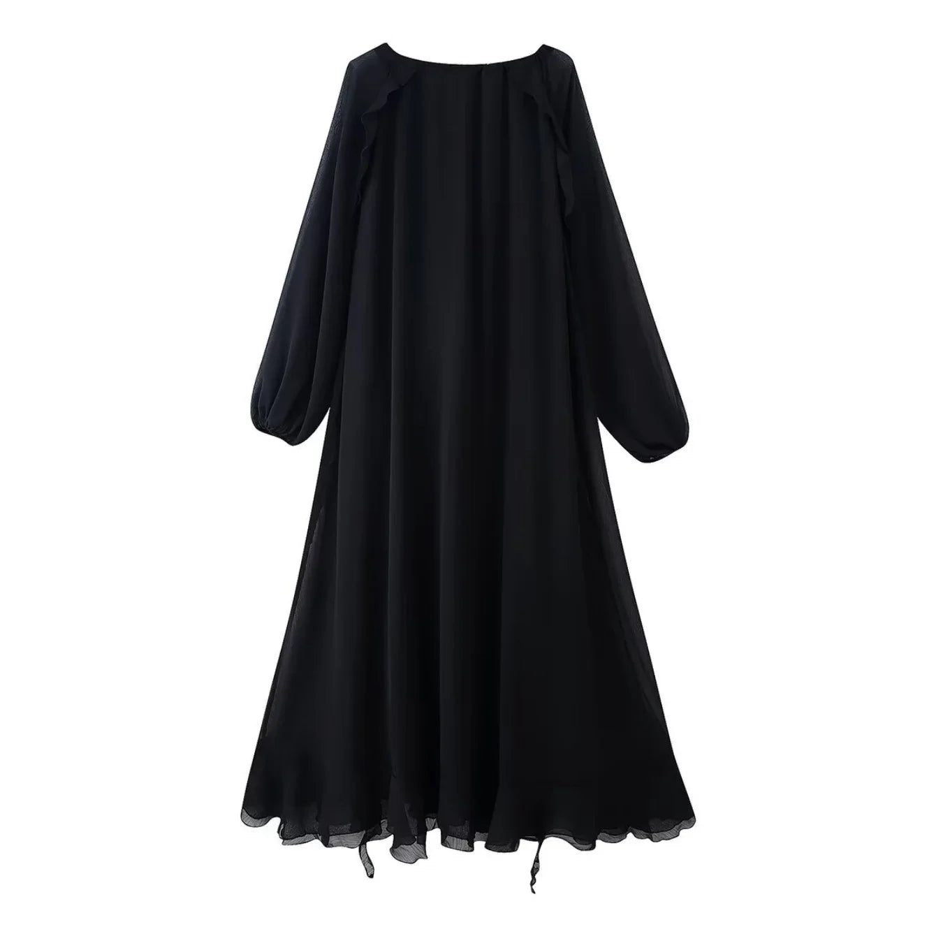 2026 Casual Solid Ruffles Patchwork Robe Women Minimalist Full Sleeve Mesh Loose Fit Lace Up Maxi Dress Vacation Daily Date Wear