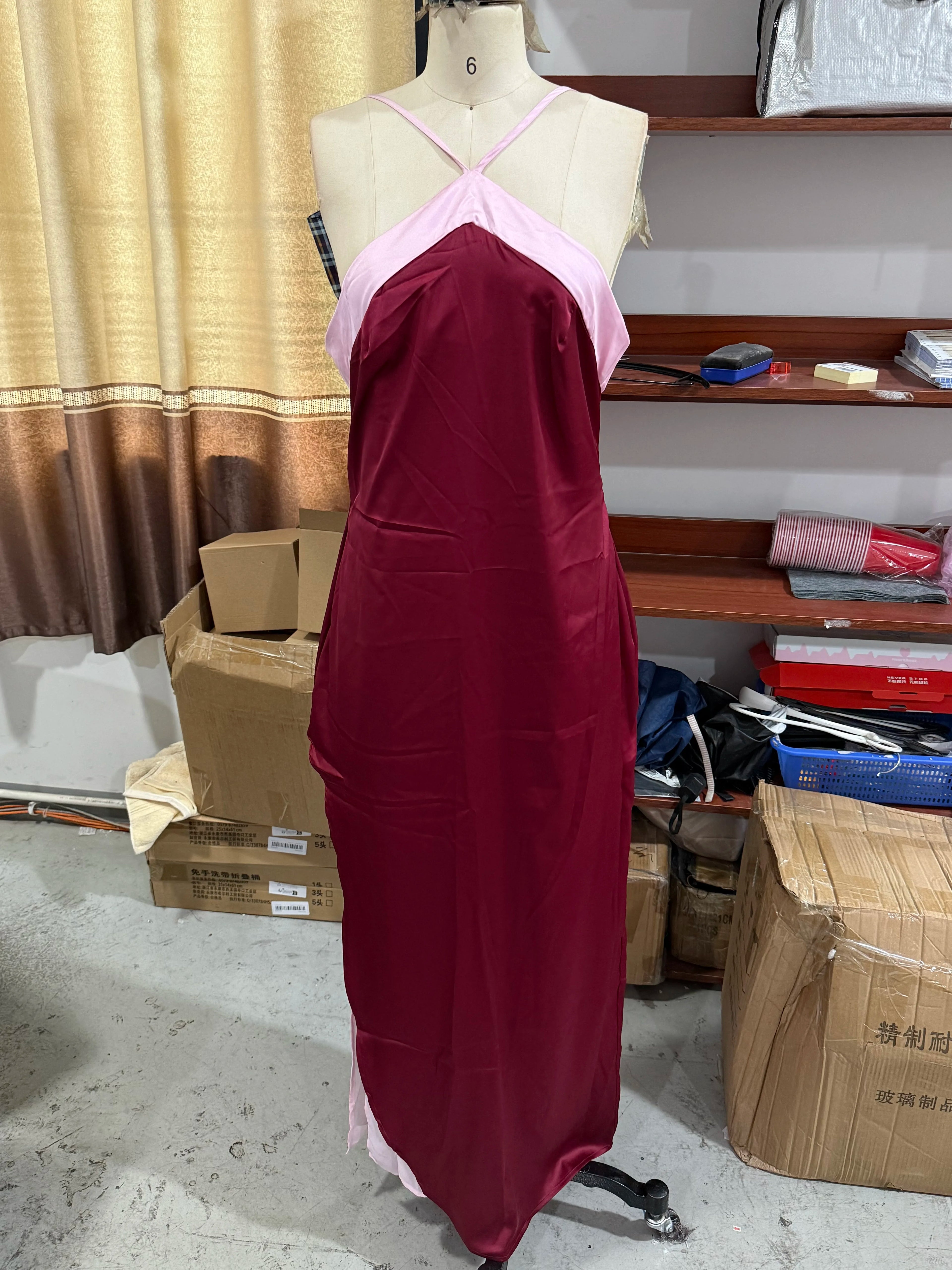 Color Blocking Scarf Collar Suspender Women Maxi Dress Spaghetti Strap High Split Floor Length Evening Dresses Lady Party Robes