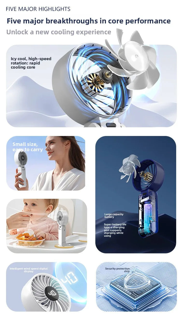 Foldable Handheld Fan with Digital Display, USB Rechargeable, Portable Mini Fan, Strong Airflow for Home and Travel