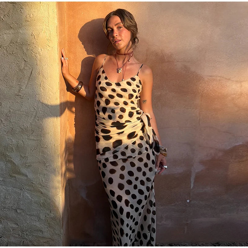 Vintage Print Maxi Dress Square Neck Spaghetti Strap Sleeveless Off Shoulder Detachable Wrap Tie Sash Dresses 2026 Chic Outfits