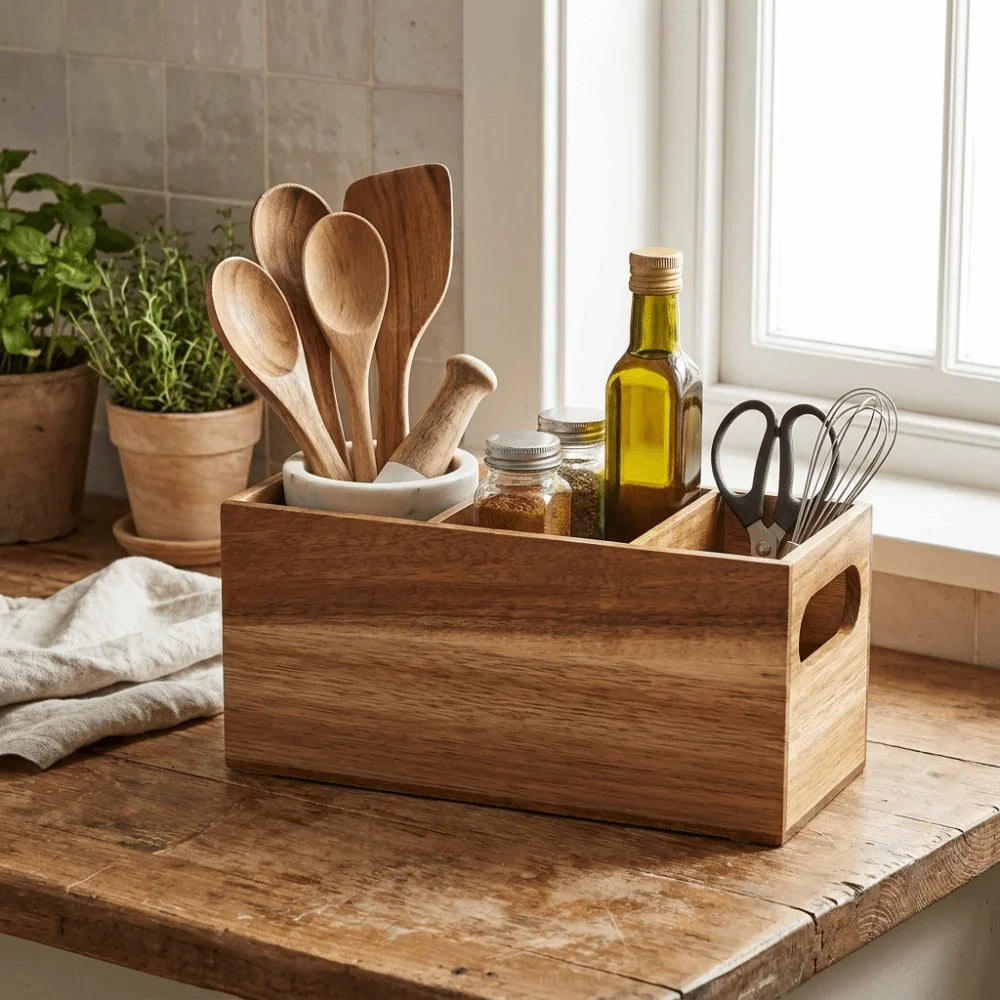Kitchen Tools Wooden Utensil Organizer 3 Compartment Space Saving Storage Rack Durable Rustic Cutlery Holder Kitchen