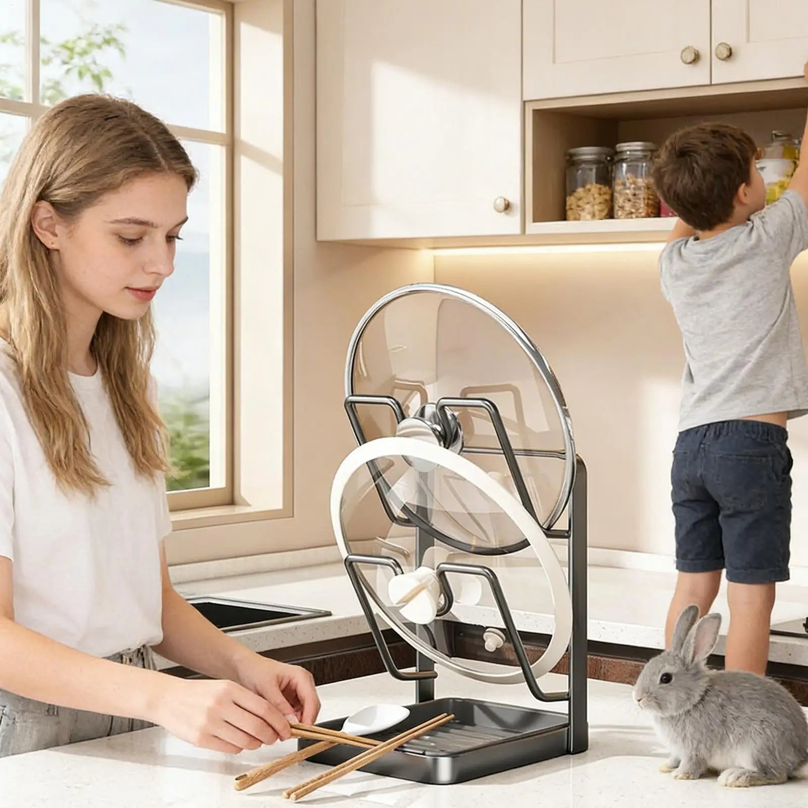 Kitchen Pot Lid Rack No Drill Pot Lid Organizer Kitchen Space Saving Countertop Organizer Rack with Drainage Tray Storage Rack