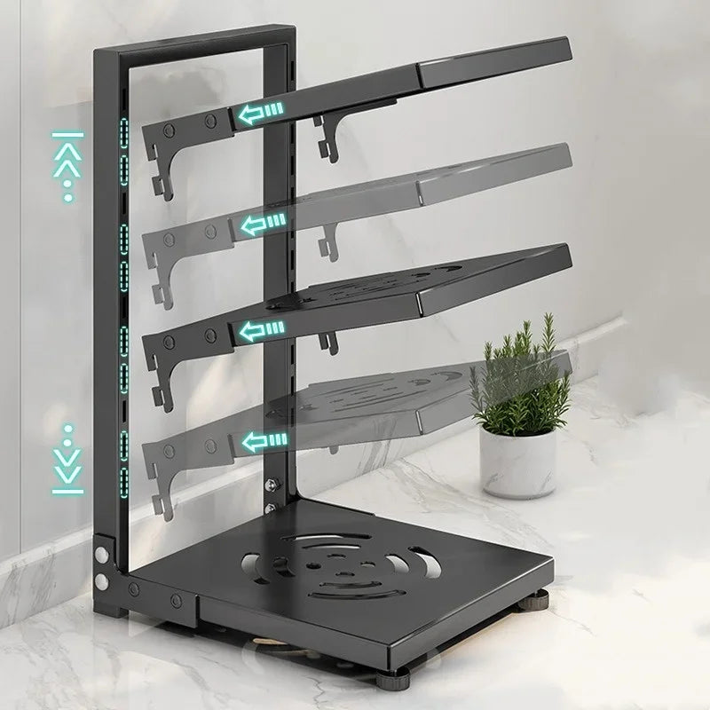 Kitchen Storage Rack Adjustable Plates and Pots Carbon Steel Storage Rack Free Layered Snap-on Floor Pot Rack Kitchen Storage