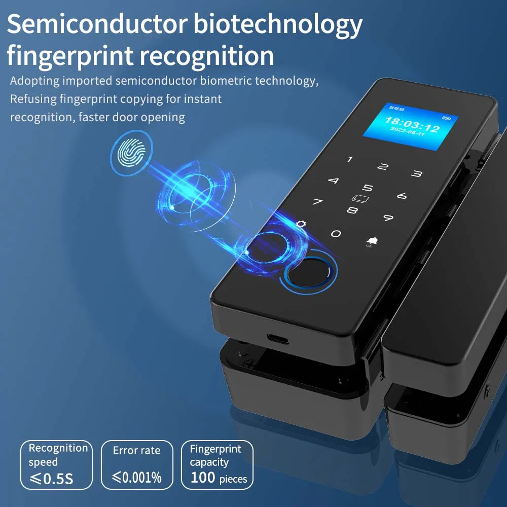 Electronic Digital Lock Fingerprint Glass Door Lock Bluetooth HAHA-Lock App Passcode IC Card Keyless Smart Phone Attendance Lock