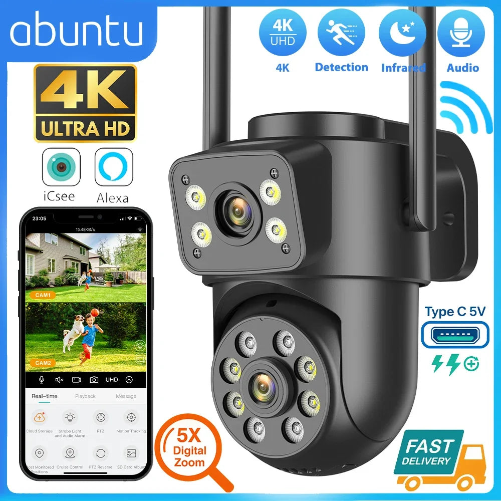 Dual Screen WiFi Security Camera 4K 8MP Dual Lens Surveillance Camera Human Detection Night Vision 5X Zoom Home Outdoor Security