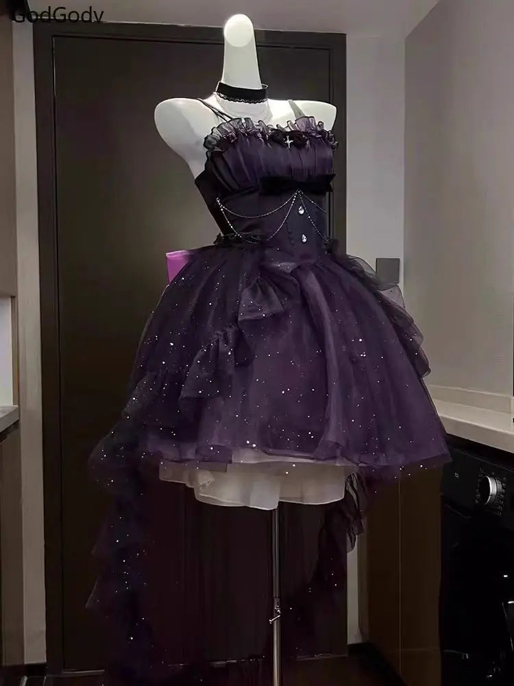 France Vintage Gothic Lolita Dress Set Women Harajuku Y2k Bow Ruffles Party Dress Female Elegant Korean Popular Clothes Summer