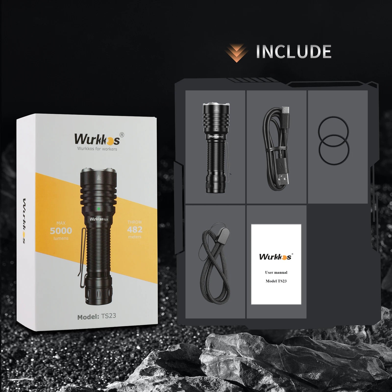 Wurkkos TS23 21700 Rechargeable Tactical Flashlight XHP70.3 HI LED 5000Lm Torch IPX8 Waterproof Two Group Mode EDC Tail Switch