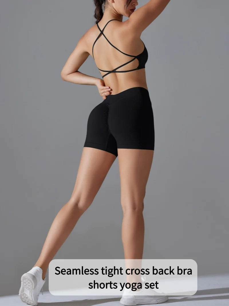 Women's Seamless Solid Color Cross Back High Elasticity Tight and Sexy Sports Bra Yoga Suit Set, Running and Fitness Two Pieces