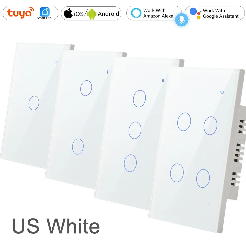 2 3 4 Gang 2 3 Way US Tuya Smart Wall Touch Light Switch for LED with No Neutral WiFi Glass Australia Brazil Android RoHS Alexa