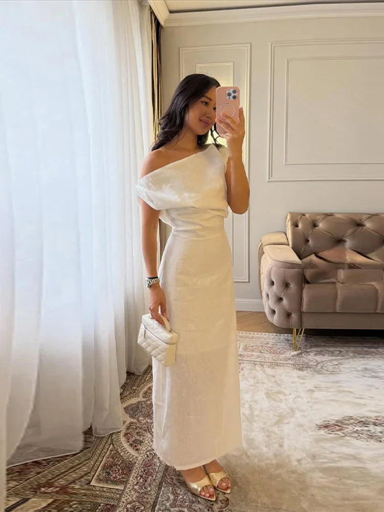 Elegant Off Shoulder Women's Dress Solid Sleeveless Oblique Collar Long Female Dresses 2026 Summer Fashion Lady Comfortable Robe