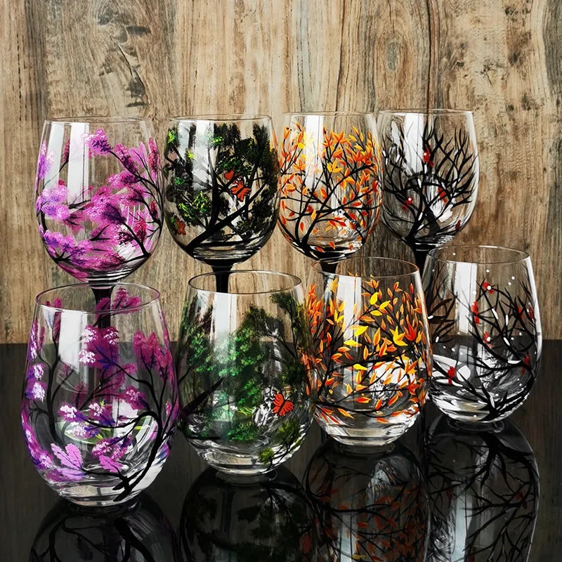 Creative Hand-Painted Crystal Goblet, Four Seasons, Wine Glasses, Drinking Glasses, Cocktail Glass