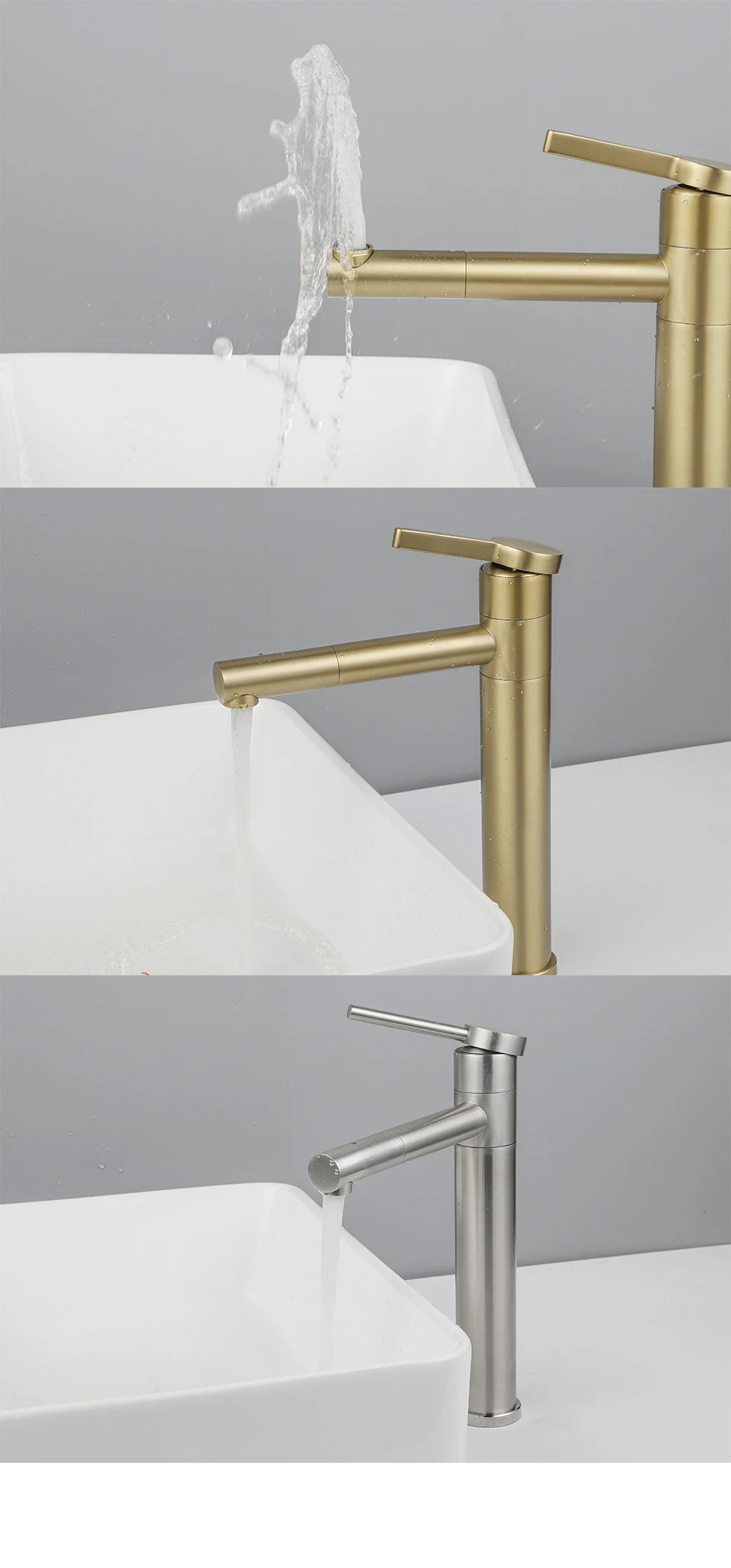 Fliger Tall Basin Faucet Brushed Gold Bathroom Sink Faucet Countertop Sink Faucet Hot Cold Bathroom Faucet 360° Rotating Mixer