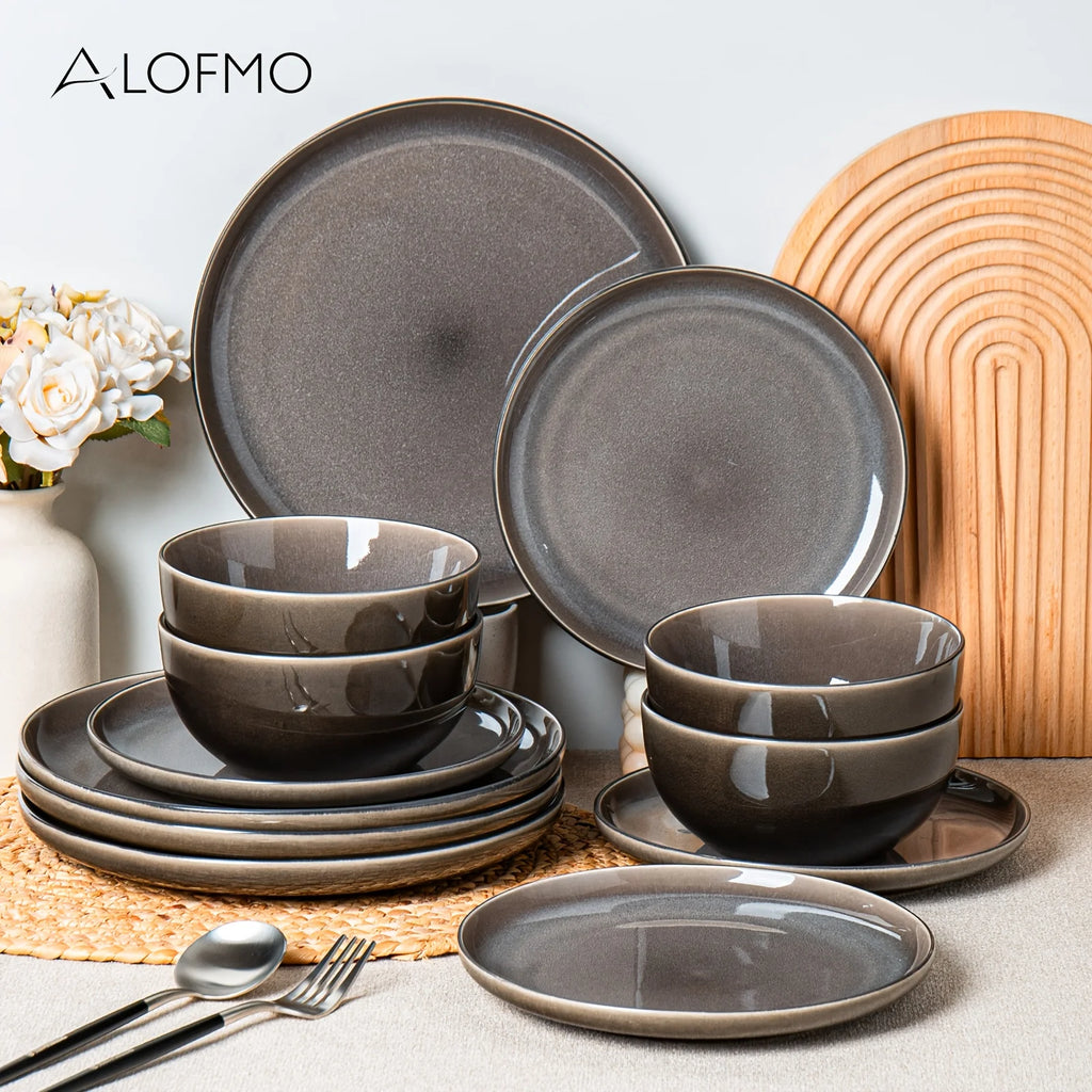 12-Piece Purple-Gray Reactive Glaze Ceramic Tableware Set for 4 People – Soup Bowls, Salad Plates, Dessert Dishes, Pasta Bowls &