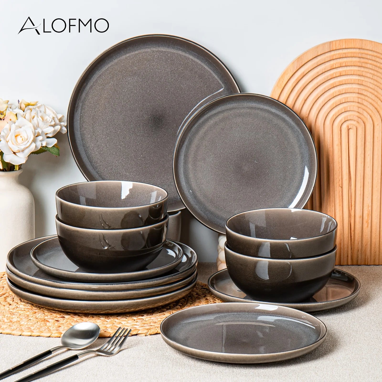 12-Piece Purple-Gray Reactive Glaze Ceramic Tableware Set for 4 People – Soup Bowls, Salad Plates, Dessert Dishes, Pasta Bowls &