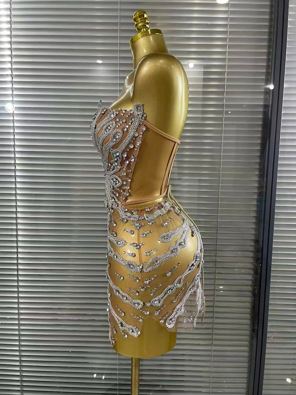 Shining Sequins Women Sexy Strapless Mesh See Through Bodycon Mini Dress Nightclub Party Celebrate Birthday Stage Wear
