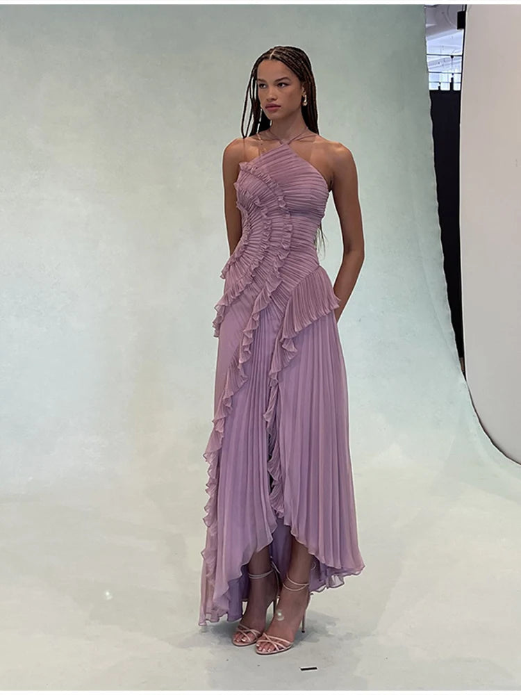 Bohemian Blue Pleated Halter Maxi Dress Women Gentle Sleeveless Asymmetric Ruffles Vestido Romantic Dinner Date Night Gowns 2026