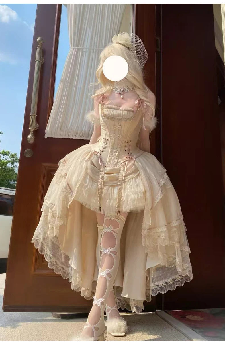 Princess Lolita Evening Dress Champagne Gold Front Short Back Long Gorgeous CLA Dress Vintage Fairy Lolita Birthday Party Dress