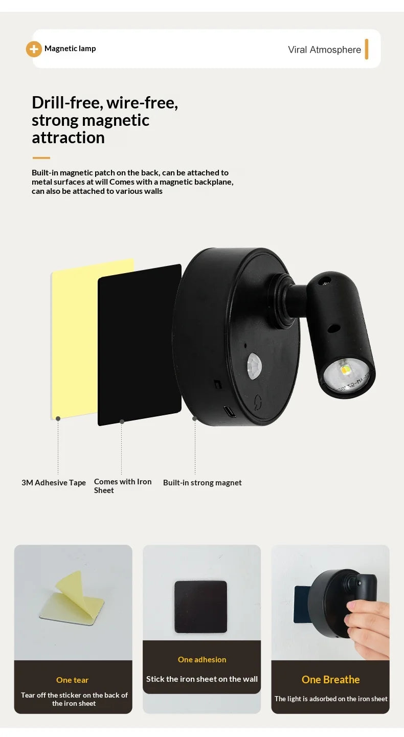 LED Light Magnetic Rechargeable Wall light Spotlight Wireless No Punch Reading Light With Touch Switch Dimmable Bedside Lamp