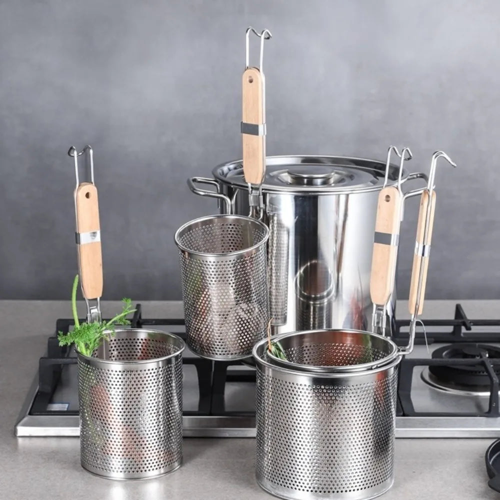 Durable Thickened Stainless Steel Funnel Wooden Handle Multifunctional Pasta Basket Strainer Kitchen Gadgets Deep Fry Basket