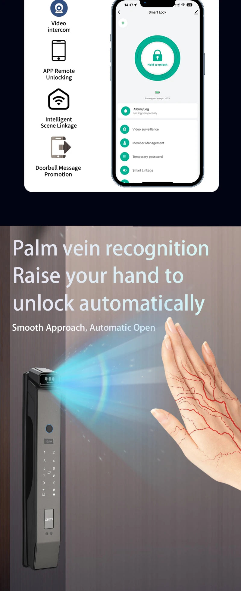 3D Face Real-time Intercom Smart Door Lock Palmar Vein Camera Intelligent Fingerprint Password Biometric Electronic Key Unlock