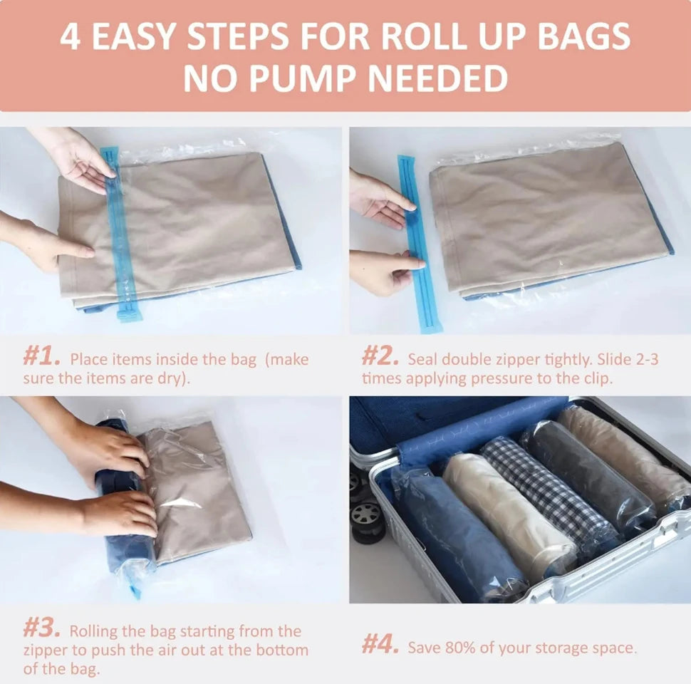 Travel Compression Bags, Roll Up Travel Space Saver Bags for Luggage, Cruise Ship Essentials Cothes, Folding Compressed Bag
