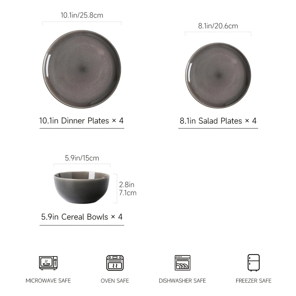 12-Piece Purple-Gray Reactive Glaze Ceramic Tableware Set for 4 People – Soup Bowls, Salad Plates, Dessert Dishes, Pasta Bowls &