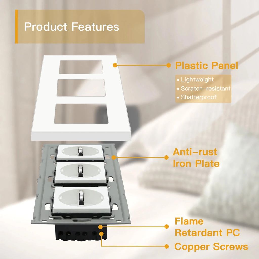 BSEED EU Wall Sockets Type-C USB Power Sockets Double Electric Sockets Triple Outlets Plastic Frame Germany Socket With Dual USB