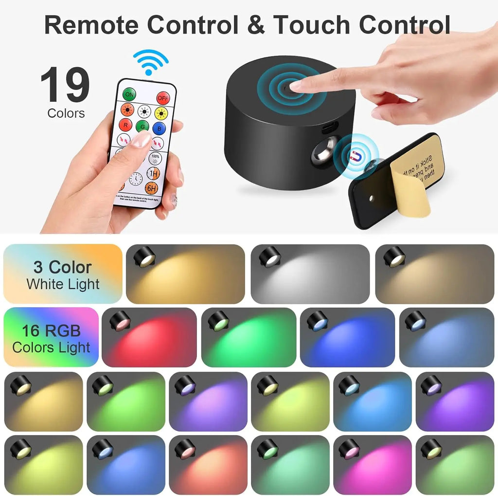 RGB Wall Lights with Remote and 19 Colors, 360° Rotation & 2000 mAh Battery, Dimmable Brightness &Touch Control for Bedroom/Gift