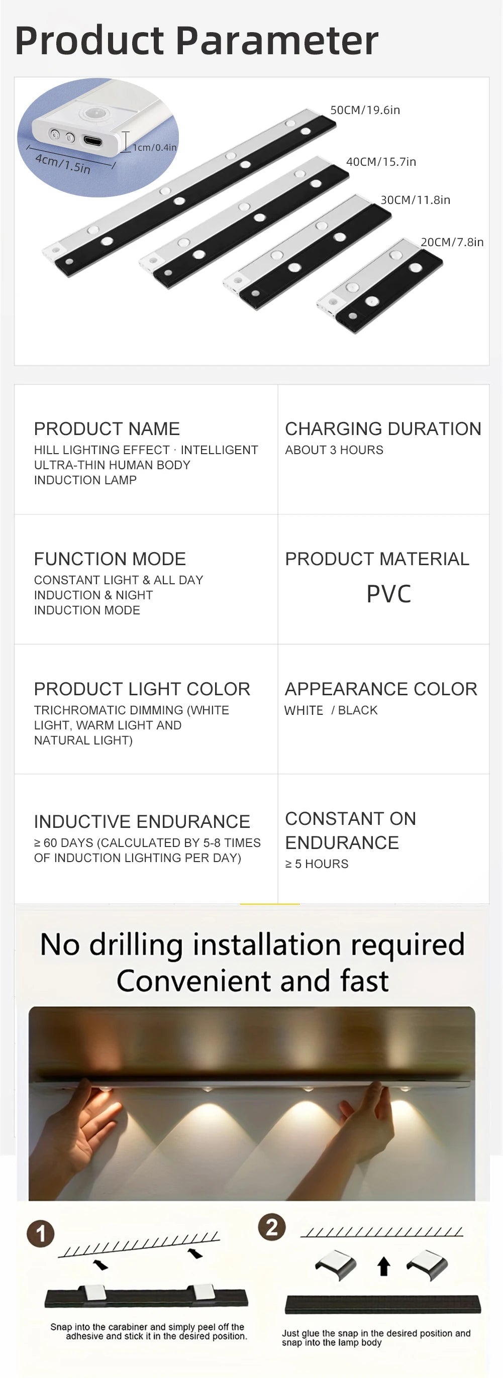 White/Black LED Cabinet Light USB Rechargeable Motion Sensor LED Light for Kitchen Wardrobe Cabinet Lighting 20CM/30CM/40CM/50CM