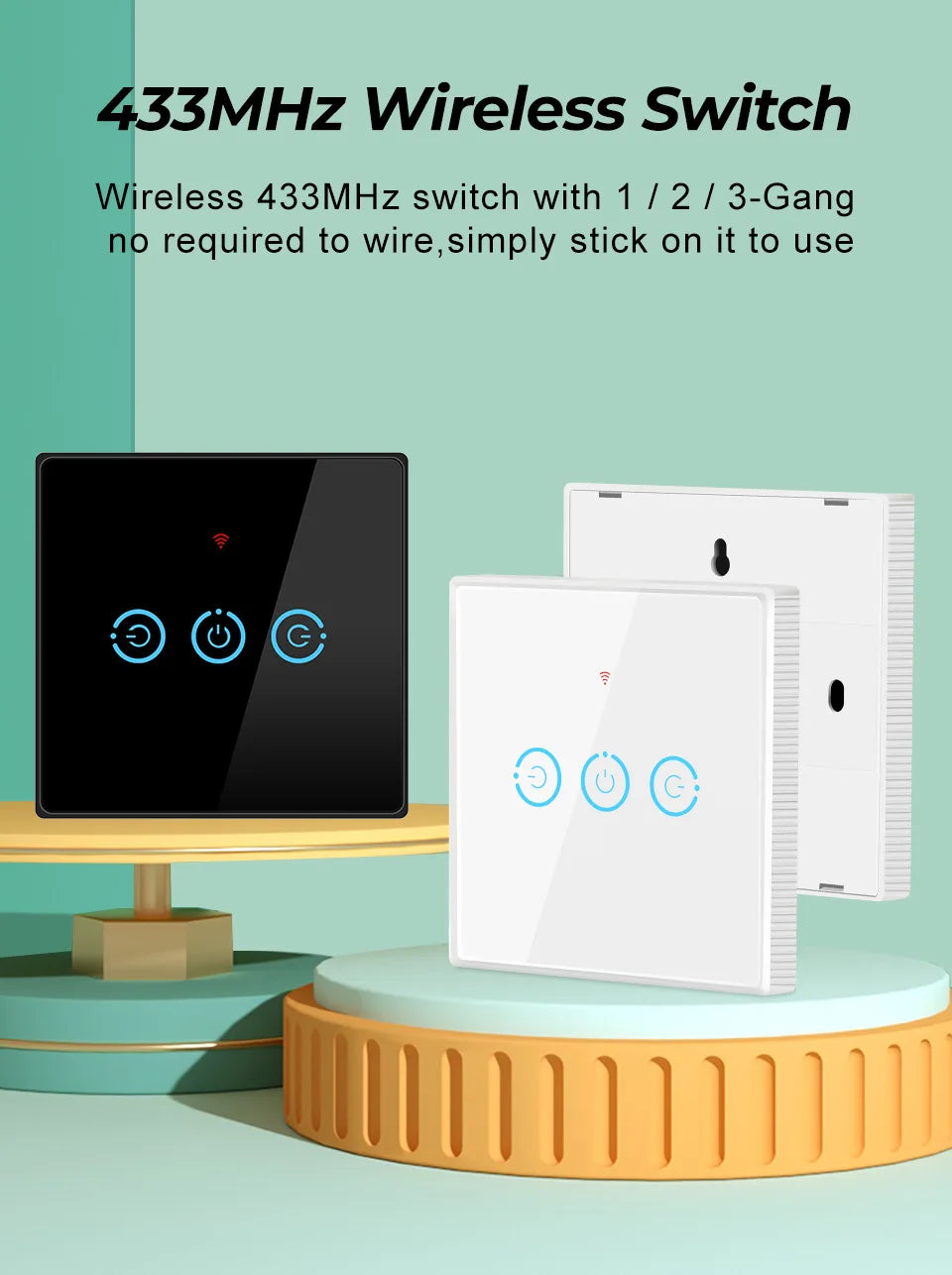 Wireless Radio Frequency RF 433Mhz Switch 1/2/3 Gang Smart Touch Switch Remote Control Tempered Glass Panel Wireless Wall