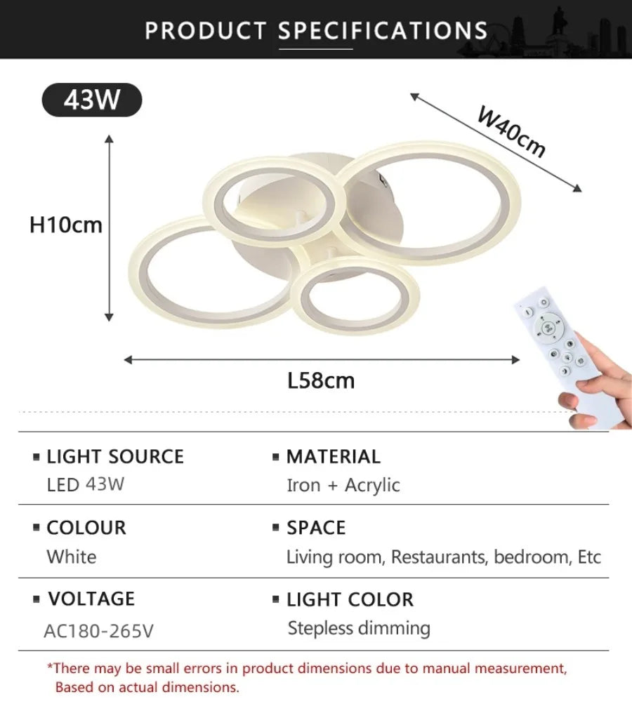 Modern Dimmable LED Ring Ceiling Lights Chandelier Indoor Home Decor Lighting Fixture for Living Dining Bedroom Study Room