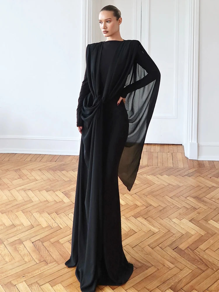 Sisterlinda Shawl Patchwork Dress Women Swing Bandage Ruched New Style Sexy Evening Prom Party Stretch Slim Elegant Maxi Bodycon