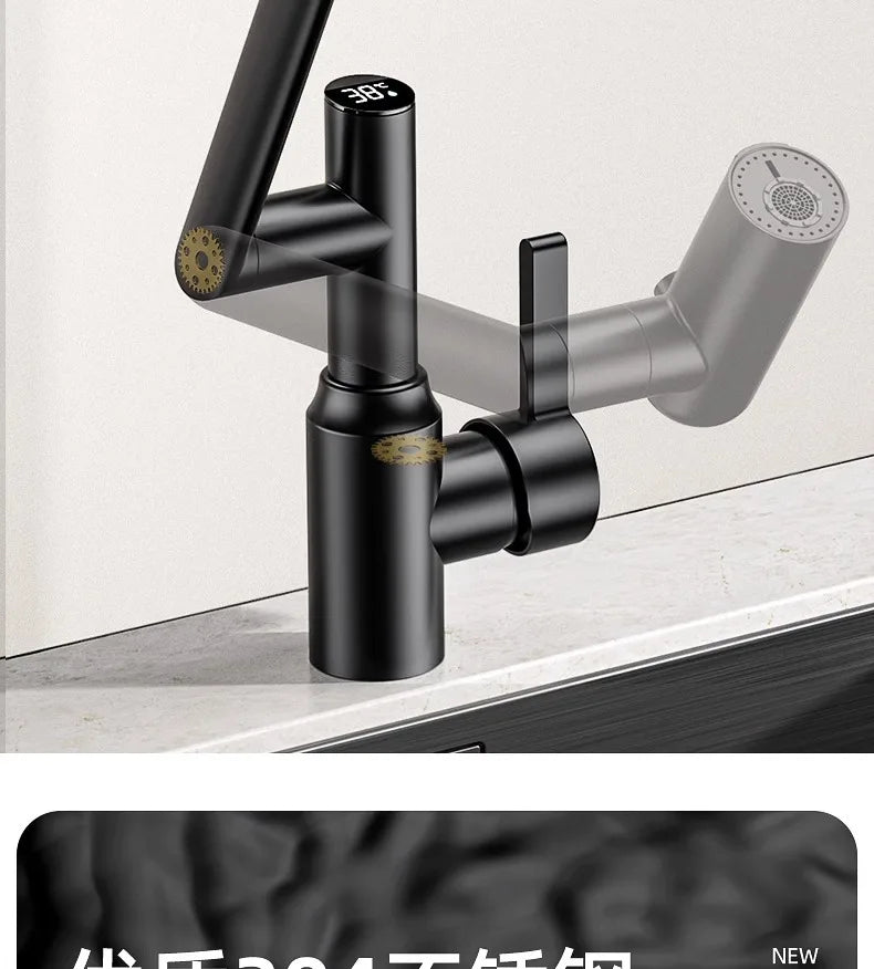 Stainless Steel Faucet Washbasin Bathroom Multi-functional Robotic Arm Universal Rotation for Hot and Cold Water Digital Display