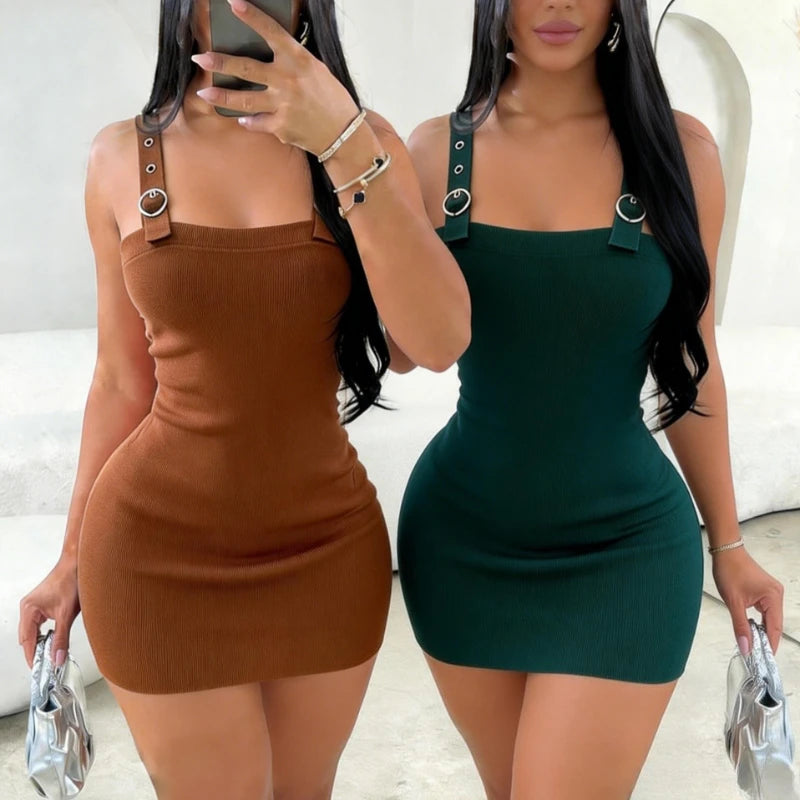 Women's Brown Spaghetti Strap Square Neck Sundress Metal Buckle Stretchy Ribbed Knit Bodycon Mini Dress Summer Party Dress